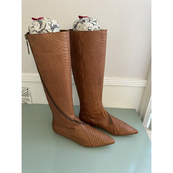 Dani Black Textured Snakeskin Python Zipper Brown Leather Tall Boots Sz 7.5 M - Picture 6 of 11